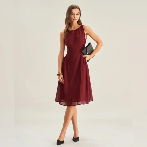 Wine Red Chiffon Sleeveless Midi Dress - Picture 3 of 6